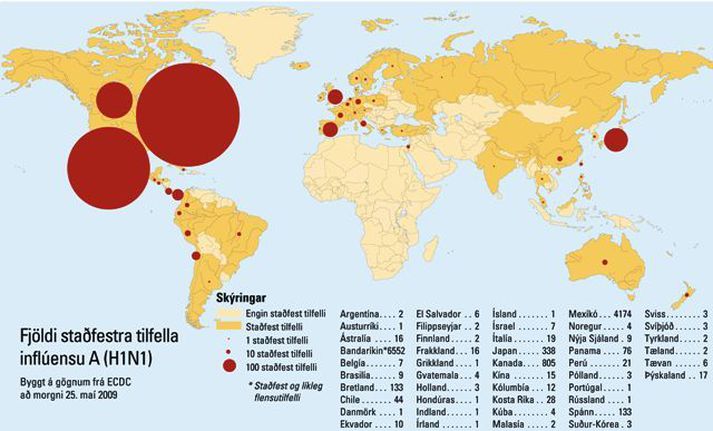 Heimskort svínaflensunnar, reyndar frá 25. maí.