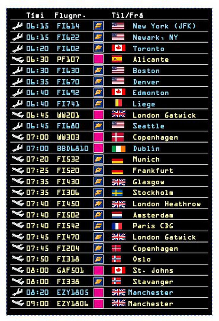 Brottfarir og lendingar á Keflavíkurflugelli milli klukkan 4 og 9 þriðjudagsmorguninn 8. apríl.