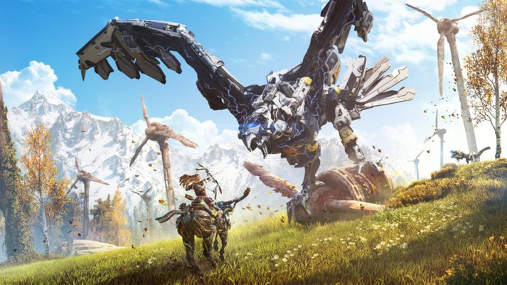 Aloy, aðalsöguhetja Horizon Zero Dawn, glímir við vélfygli.