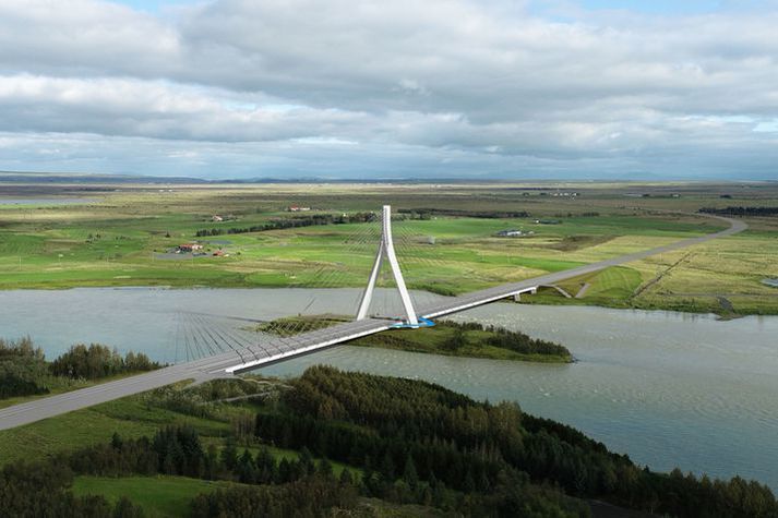 Fyrirhuguð Ölfusárbrú. Horft að brúarstæðinu úr vestri í átt að Laugardælum.