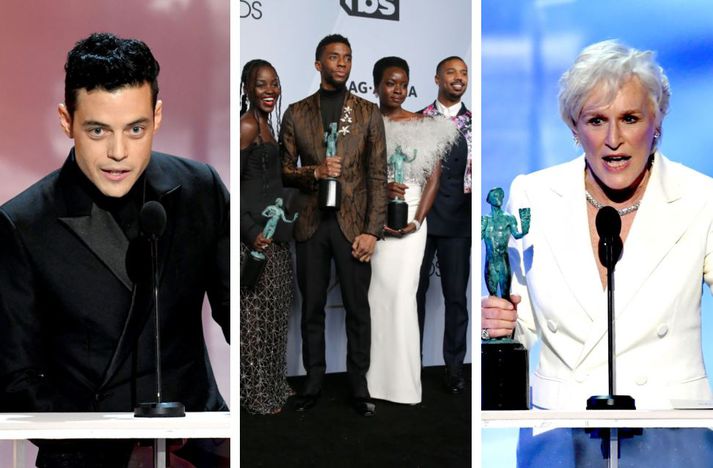 Rami Malek, leikarahópurinn í Black Panther og Glenn Close fögnuðu sigri í nótt.