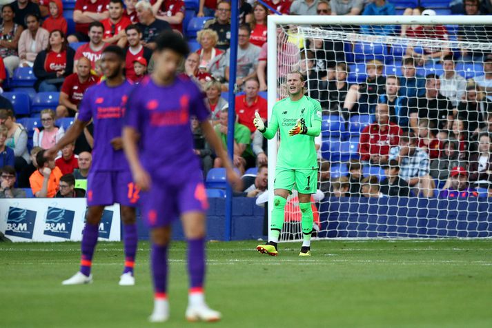 Loris Karius eftir að hann fékk á sig þetta klaufalega mark.