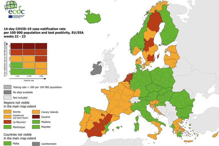 Kórónuveirukort Sóttvarnastofnunar Evrópu er að verða grænna.