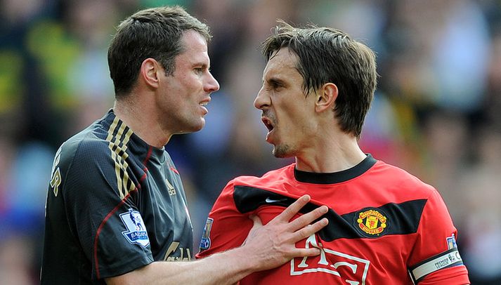 Neville öskrar hér á Jamie Carragher í leik United gegn Liverpool í fyrra.
