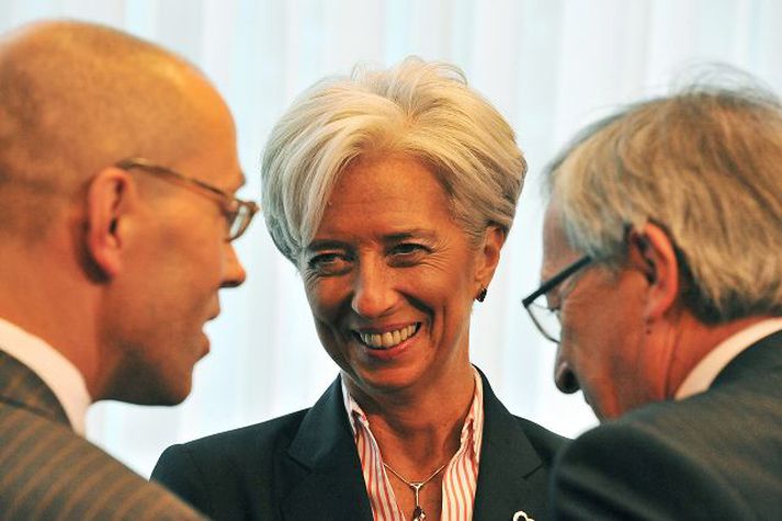 Fjármálaráðherrar Juncker frá Lúxemborg, Lagarde frá Frakklandi og Asmussen frá Þýskalandi.nordicphotos/AFP