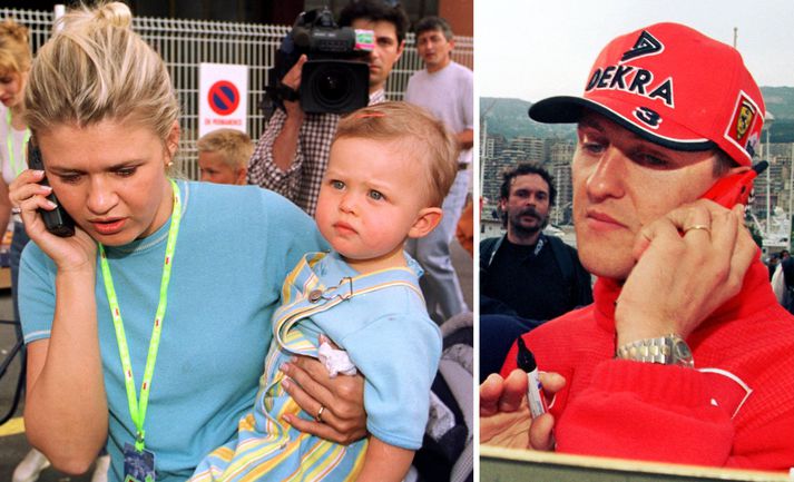 Corrina heldur á dóttur þeirra Michaels Schumacher, Ginu, fyrir all mörgum árum síðar. Nú er Gina orðin móðir sjálf.