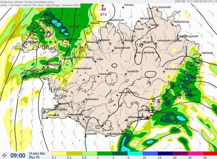 Svona lítur úrkomuspákort Veðurstofunnar út sem gildir núna klukkan níu fyrir hádegi.