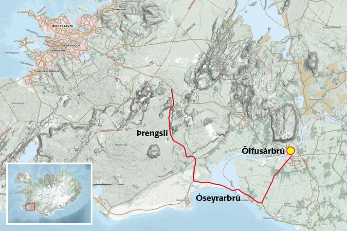 Hjáleið um Þrengsli og Óseyrarbrú er merkt með rauðu á kortinu. Almennri umferð er beint um hjáleiðina næstu viku.