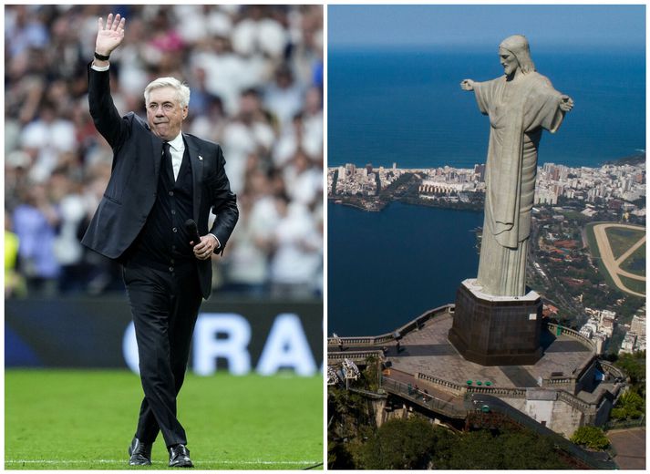 Carlo Ancelotti og styttan heimsfræga af Jesús Kristi í Ríó.