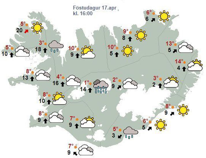 Seinni partinn má búast við nokkrum hlýindum víða á landinu líkt og sjá má á spákorti Veðurstofunnar.