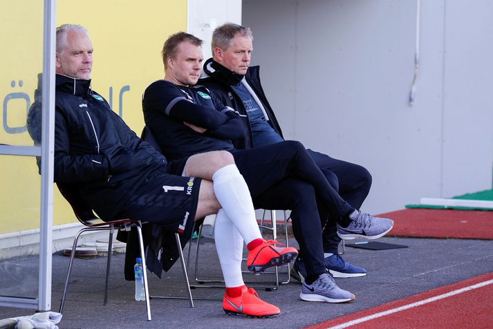 Óskar Hrafn Þorvaldsson ásamt aðstoðarmönnum sínum, Gunnleifi Gunnleifssyni og Halldóri Árnasyni.
