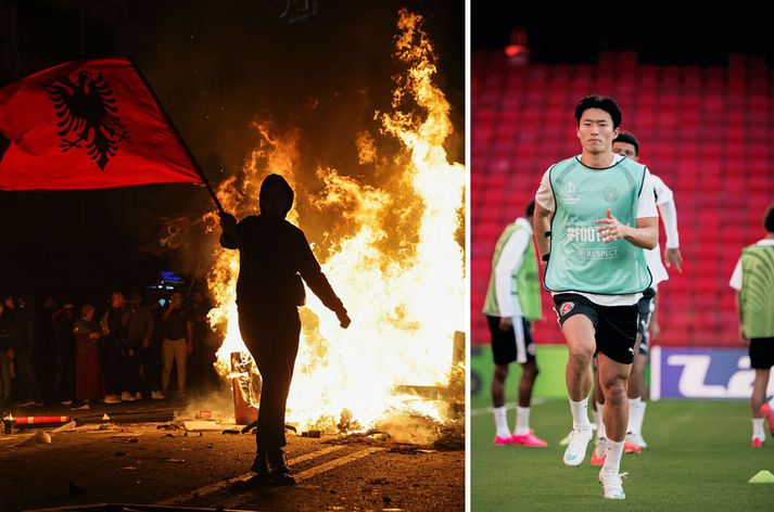 Leikmenn Midtjylland náðu aðeins að æfa í smástund á leikvanginum í Tirana en þar standa yfir miklar stúdentaóeirðir.