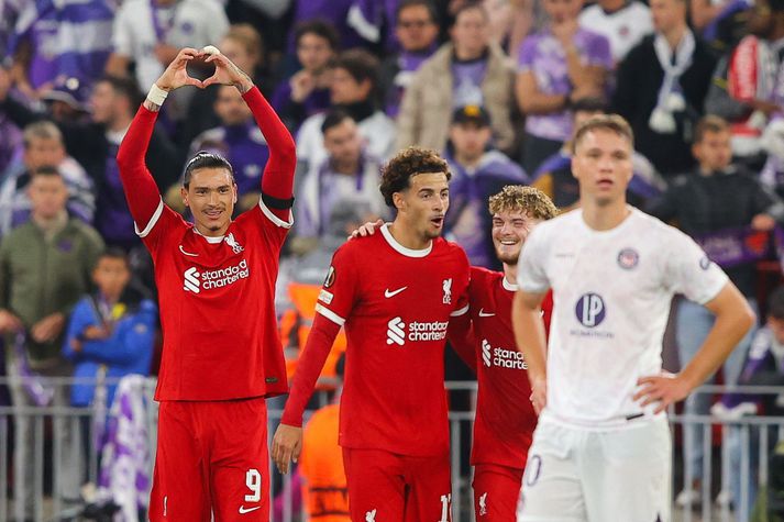  Darwin Nunez fagnar marki sínu fyrir Liverpool á móti Toulouse í gær.