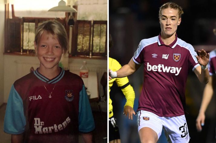 Dagný Brynjarsdóttir sem stuðningsmaður West Ham 2003 og leikmaður West Ham 2022.