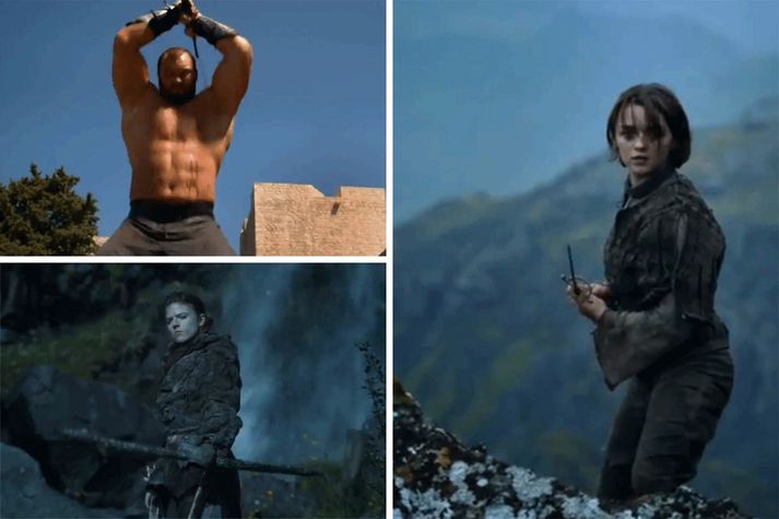 Hafþór Júlíus fer með hlutverk The Mountain. Í stiklunni sjást einnig leikkonurnar Rose Leslie, sem fer með hlutverk Ygritte og Maisie Williams, sem leikur Arya Stark, úr tökunum hér á landi.