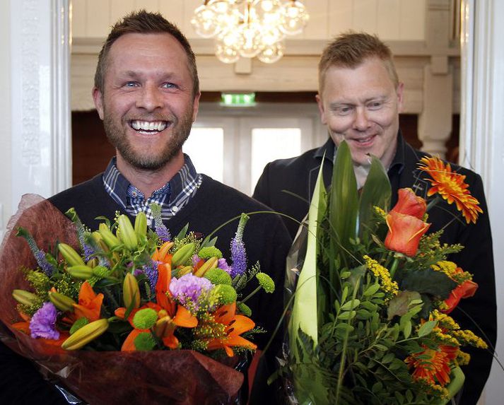 Helgi Sveinsson spjótkastari ásamt Jóni Gnarr borgarstjóra við móttökuna í Höfða í gær.