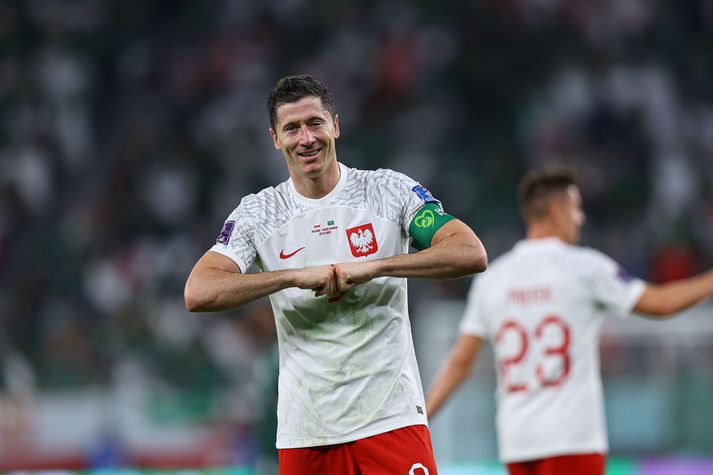 Robert Lewandowski skoraði loksins sitt fyrsta HM-mark.