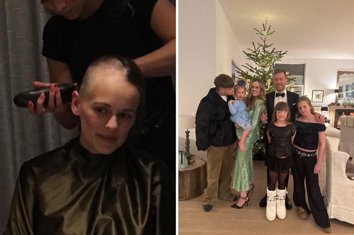 Hildur til vinstri að raka hárið og til hægri með fjölskyldunni á góðri stundu í kringum jólin.