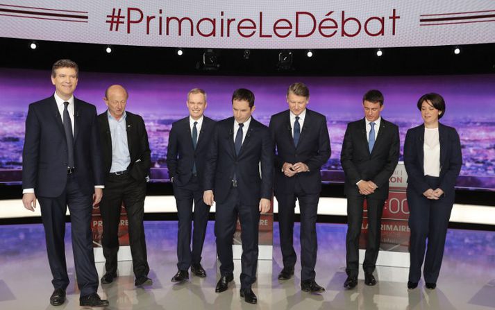 Arnaud Montebourg, Jean-Luc Bennahmias, Francois de Rugy, Benoit Hamon, Vincent Peillon, Manuel Valls og Sylvia Pinel í gærkvöldi.