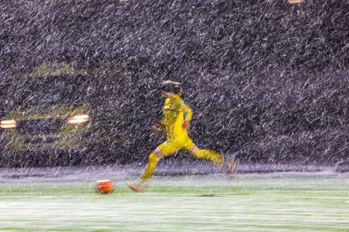 Frá leik Breiðabliks við Real Madrid í snjókomu veturinn 2021.