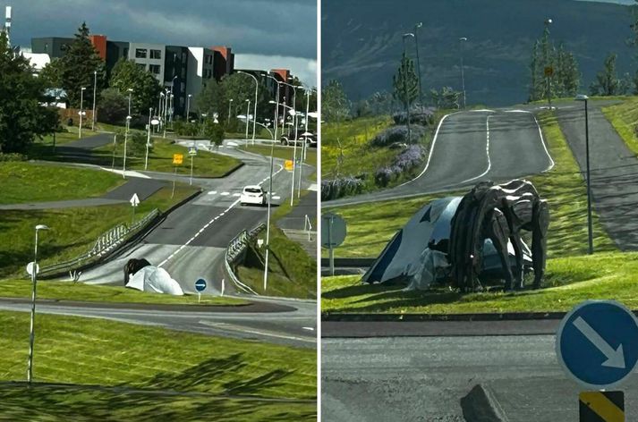 Maðurinn tjaldaði á hringtorgi í Mosfellsbæ.