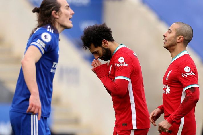 Mohamed Salah fagnar marki sínu á móti Leicester City í ensku úrvalsdeildinni um helgina. Salah kom Liverpool í 1-0 en Leicester vann leikinn 3-1.