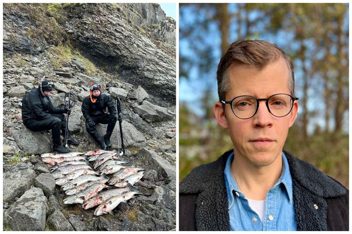 Gunnar Örn er framkvæmdastjóri Landsambands veiðfélaga en á myndinni má einnig sjá norska froskmenn sem fóru um árnar og reyndu að lágmarka skaðann með því að skutla strokulaxana áður en meiri skaði varð af stroki þeirra.