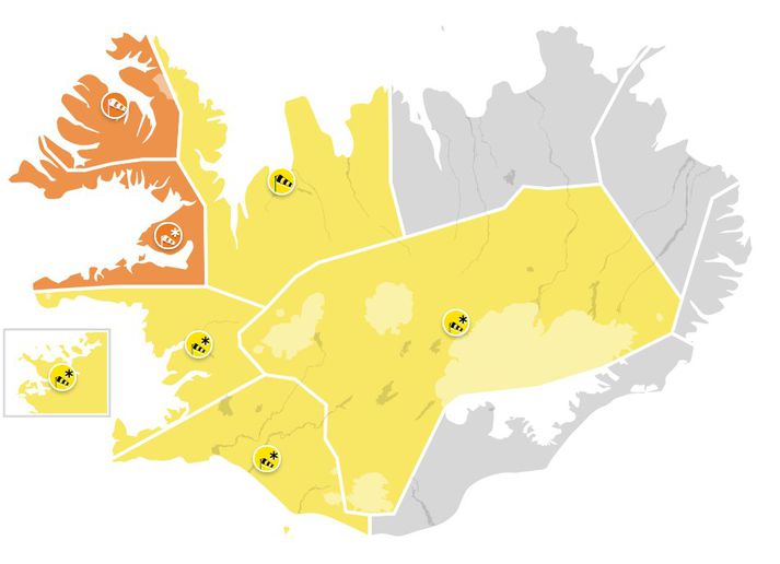 Staðan á viðvörunum á landinu á hádegi lítur svona út.