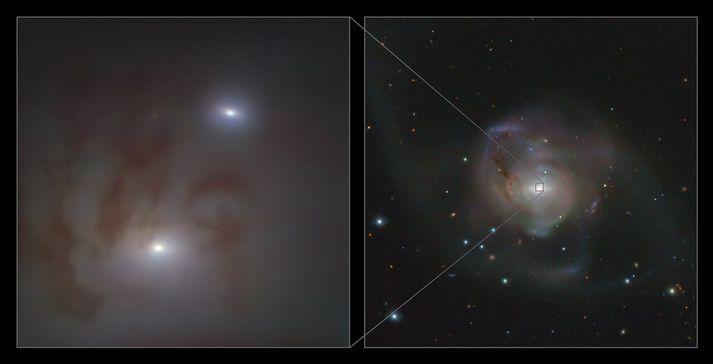 Vetrarbrautin NGC 7727 (til hægri) og tveir skínandi kjarnar þar sem risasvarthol er að finna (stækkuð mynd til vinstri). Í kringum svartholin er þétt þyrping stjarna.