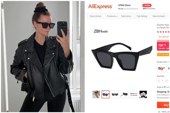 Lína með gleraugu Moxen og skjáskot af vefsíðu AliExpress af svipuðum gleraugum.