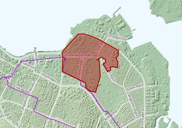 Áætlað bilanasvæði teygir sig til Kringlymýrarbrautar í vestri og Suðurlandsbrautar í suðri, Sæbrautar í norðri og upp í Vesturbrún.