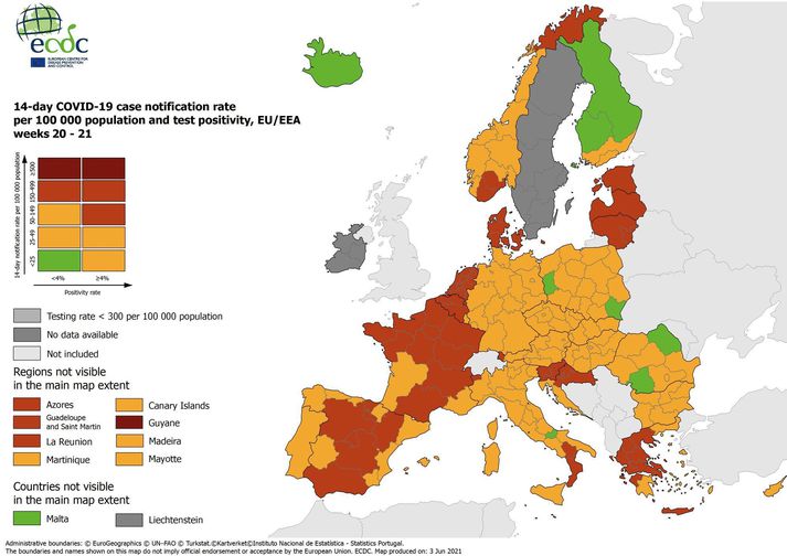 ísland er enn grænt á kortinu og stór hluti Finnlands orðinn grænn.