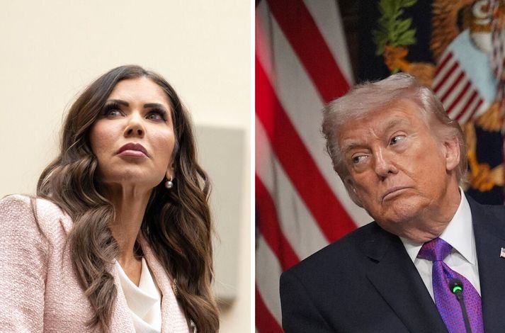 Kristi Noem og Donald Trump. Forsetinn er sagður velta fyrir sér hvort hann eigi að reka Noem úr embætti heimavarnaráðherra.