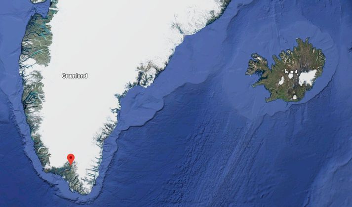 Vélin missti mótór á milli Íslands og Grænlands en lenti heilu og höldnu í Narsarsuaq, sem merkt er með rauðu á korti.