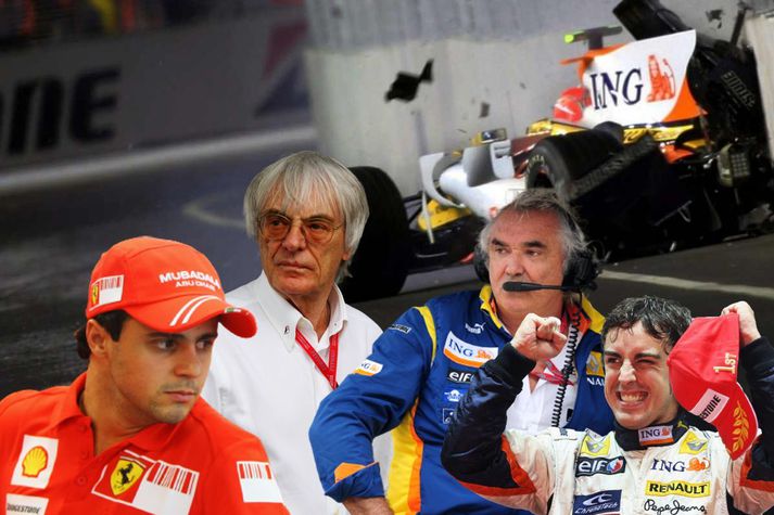 Felipe Massa (lengst til vinstri) fyrrum ökuþór Formúlu 1 leitar réttar síns vegn atviks tímabilið 2008 sem Bernie Ecclestone (vinstra megin við miðju) hæst setti stjórnandi Formúlu 1 það árið i vissi af og Flavio Briatore (hægra megin við miðju) liðsstjóri Renault á þeim tíma plottaði Fernando Alonso (lengst til hægri) þá ökumanni Renault í hag