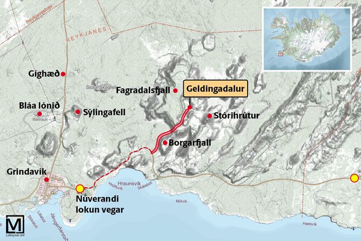 Hér má sjá gönguleiðina sem flestir mæla með að gosstöðvunum í Geldingadal. Gengið er frá lokunarpósti á Suðurstrandarvegi rétt austan megin við Grindavík. Um átta kílómetra göngu er að ræða. Til skoðunar er að útbúa bílastæði nærri gossvæðinu fyrir göngufólk.