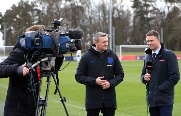 Rob Dorsett, hér lengst til vinstri, að störfum fyrir Sky Sports. Hann er nú staddur hér á landi.