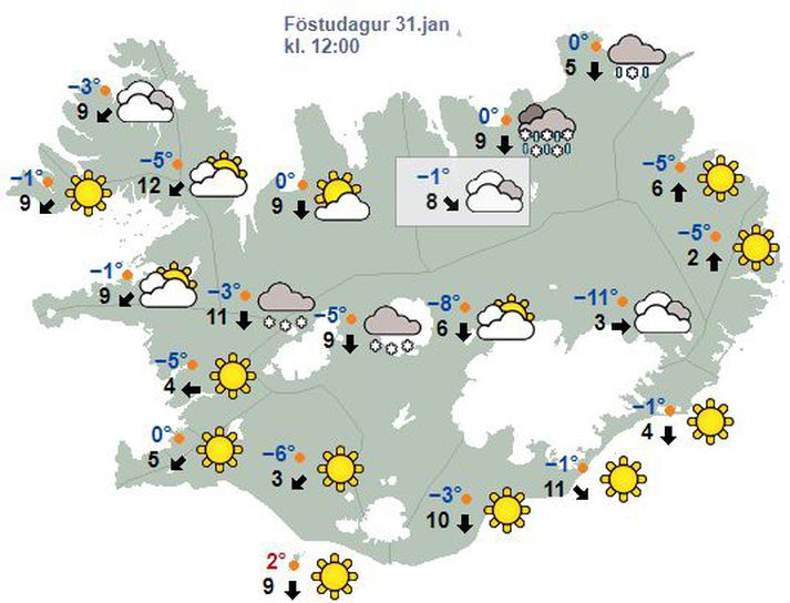 Svona verður staðan á hádegi samkvæmt spá Veðurstofunnar.