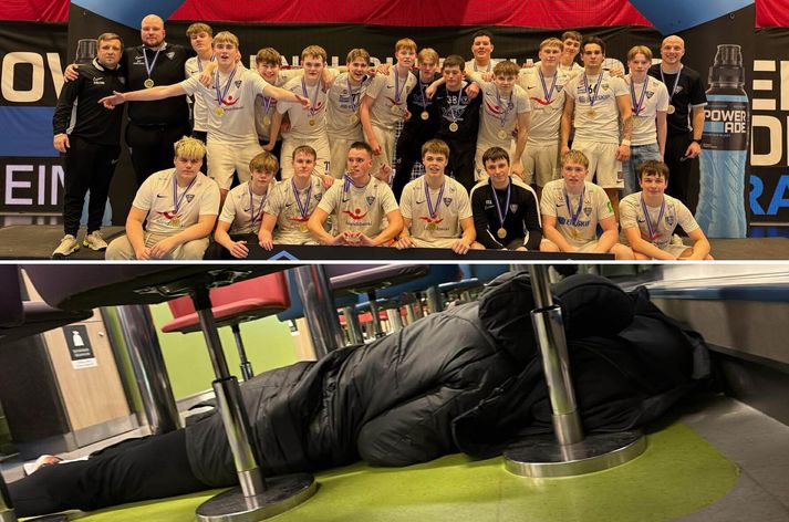 Strákarnir í ÍBV urðu bikarmeistarar fyrr í vetur en ferðin frá Þorlákshöfn til Eyja í gær var erfið og þurftu einhverjir að finna sér svefnstað á gólfinu um borð í Herjólfi.