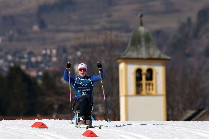 Arna Sigríður Albertsdóttir á æfingu í Val di Fiemme fyrir keppnina í dag.
