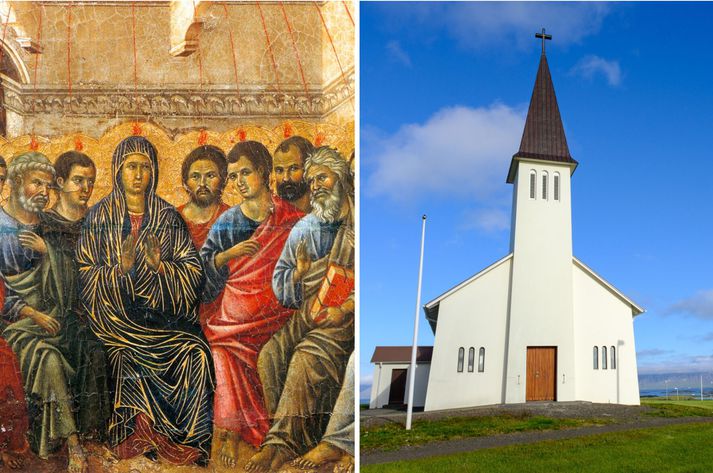 Til vinstri er myndin Hvítasunnan eftir Duccio di Buoninsegna og til hægri er Reykhólakirkja.