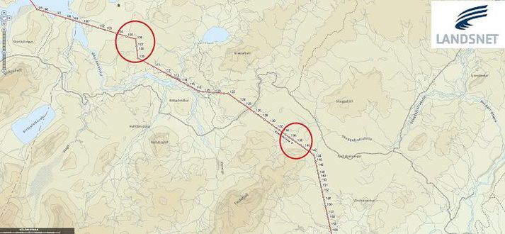 Útivistarfólk er beðið um að fara með gát, sérstaklega á þeim svæðum sem sýnd eru með rauðum hring á meðfylgjandi korti. Mynd/Landsnet
