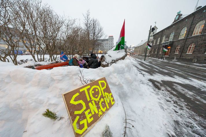 Mótmælt hefur verið á Austurvelli frá því í desemder. Mótmælendur krefjast þess að fjölskyldum þeirra, sem hafa fengið samþykkta fjölskyldusameiningu, verði bjargað frá Gasa. 