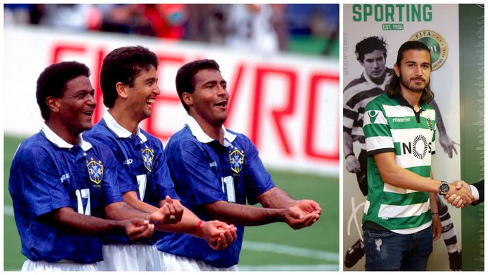 Bebeto tekur fagnað eftirminnilega með félögum sínum. Svo má sjá Mattheus mættan í búning Sporting.