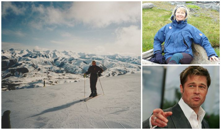 Sigga stillir sér upp í myndatöku Brad Pitts og félaga. Glöggir sjá að neðst á myndinni vinstra megin sést í skíðastaf og mun það vera skíðastafur Brad Pitts.