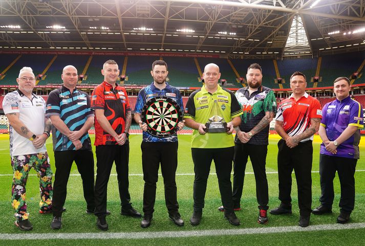 Keppendurnir átta sem taka þátt í úrvalsdeildinni í pílukasti (frá vinstri): Peter Wright, Rob Cross, Nathan Aspinall, Luke Humphries, Michael van Gerwen, Michael Smith, Gerwyn Price og Luke Littler.