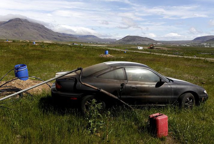 Þessi bíll kom að góðum notum á Urðunarstöðinni á Álfsnesi þó ekki hafi hann farið fetið.
