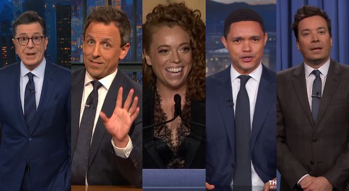 Stephen Colbert, Seth Meyers, Trevor Noah og Jimmy Fallon gripu til varna fyrir Michelle Wolf.