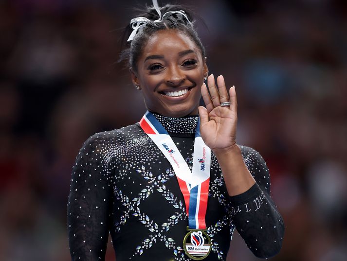 Simone Biles er sigursælasta fimleikakona allra tíma.