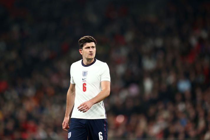 Harry Maguire í leiknum gegn Fílabeinsströndinni á Wembley í gær, þar sem baulað var á hann.